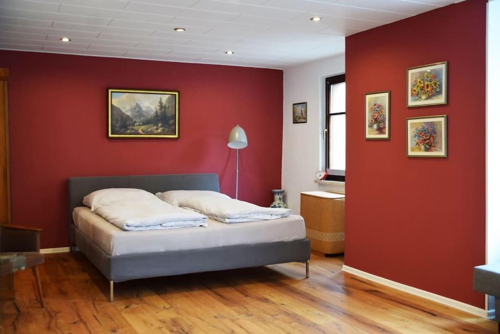 a bedroom with a bed in a red wall at Maison Harzliesel in Harzgerode