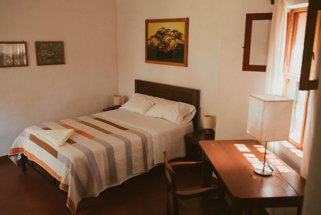 Salas的住宿－Los Faiques Ecolodge，一间卧室配有一张床、一张桌子和一张桌子