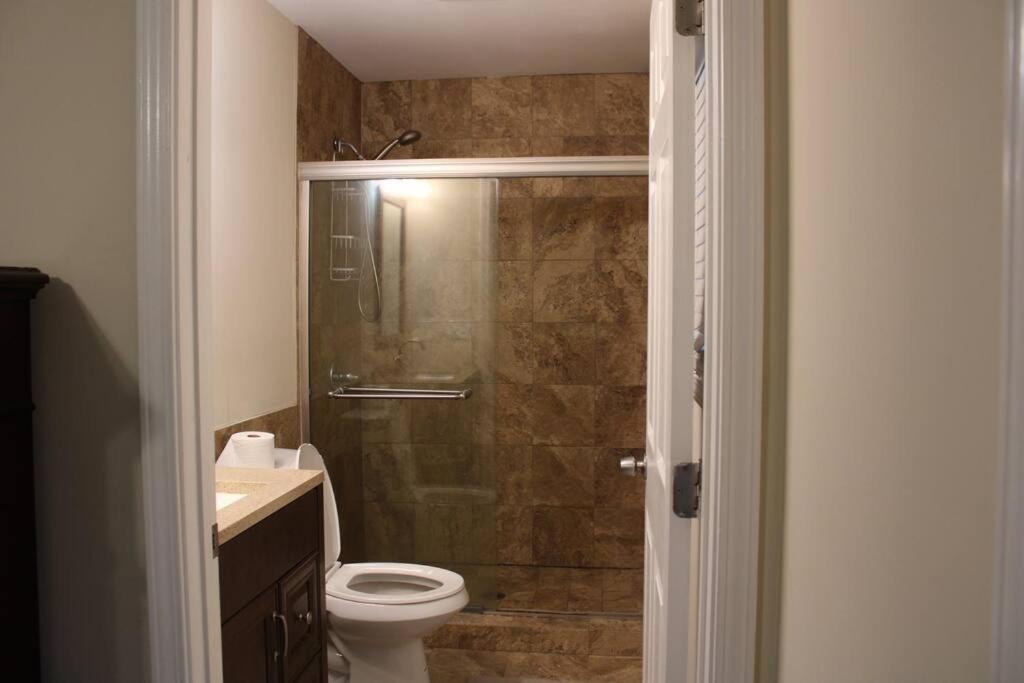 a bathroom with a shower with a toilet and a sink at New Renovated 3BR/2BA home in Cobb County! in Powder Springs