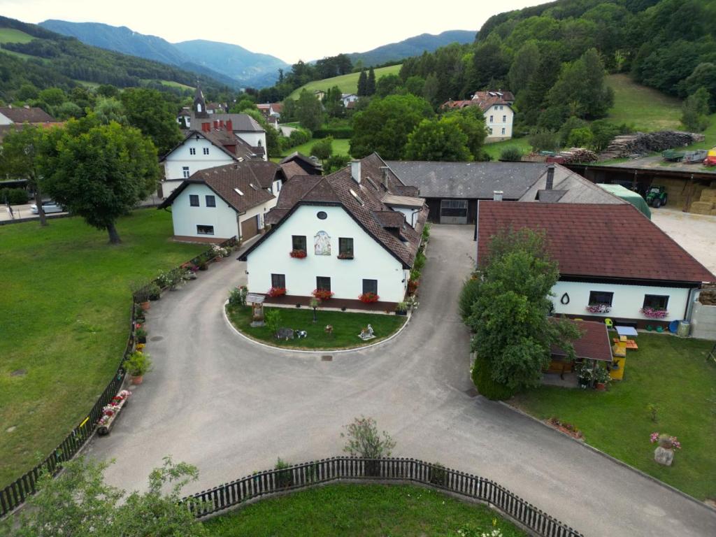 einem Luftblick auf ein Dorf mit einem weißen Haus in der Unterkunft Familie Stoier in Reichenau