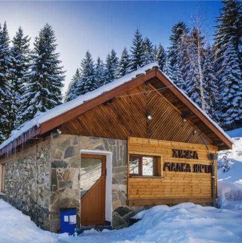 a small log cabin with snow on the ground at Malka Yurta Hut in Panichishte