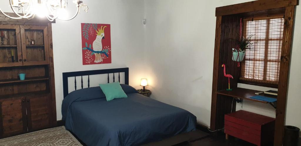a bedroom with a bed and a desk and a window at Casita Canaria in Santa Cruz de Tenerife