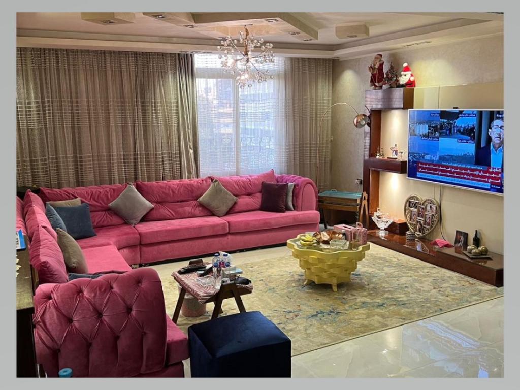 a living room with a pink couch and a tv at المقطم,شارع 13,قطعه 331 in Cairo