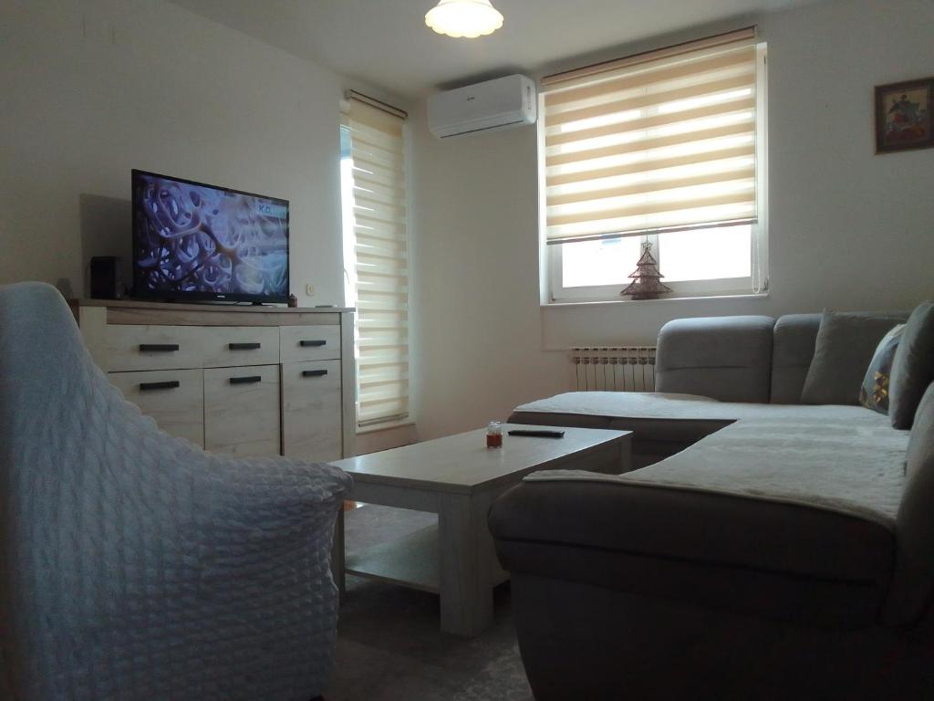 Lukavica的住宿－Stan na dan，客厅配有两张沙发和一台电视机
