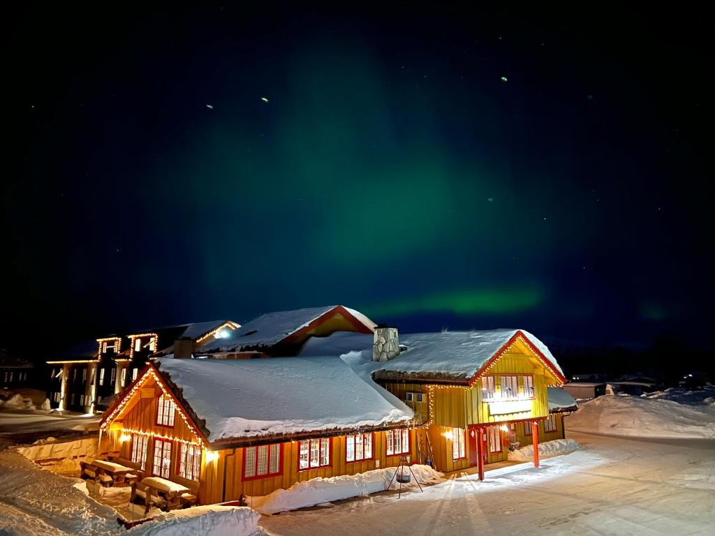 a cabin with the northern lights in the sky at Hovden Fjellstoge in Hovden