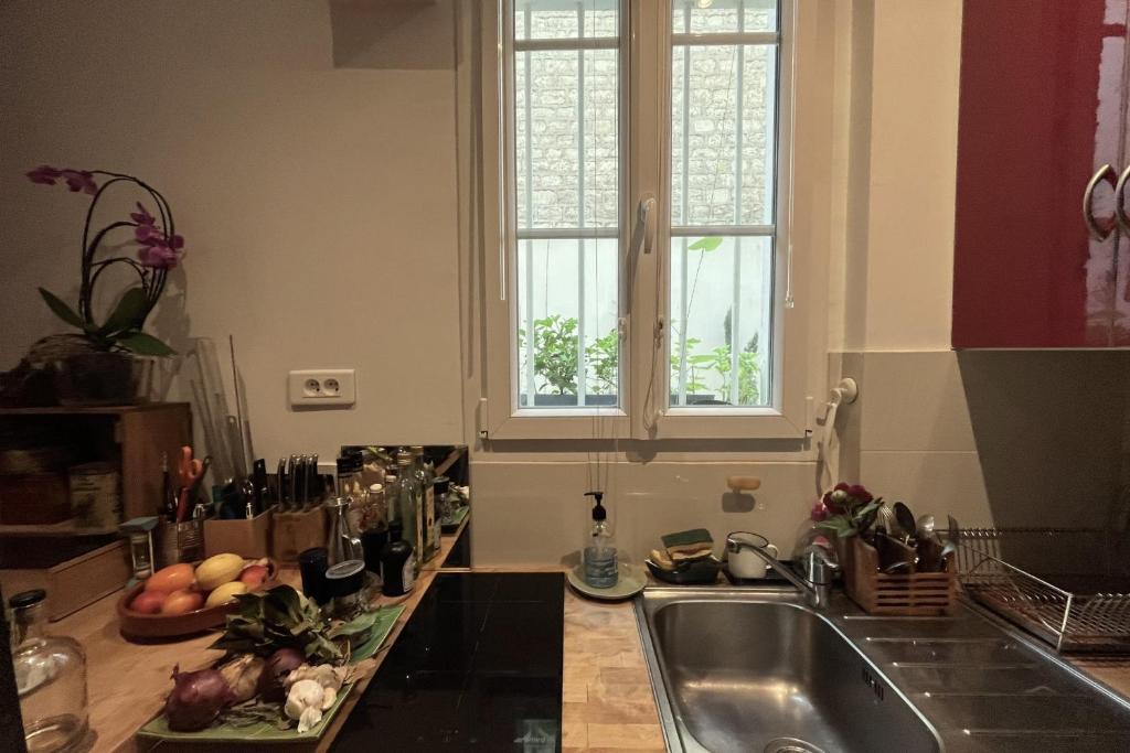 a kitchen counter with a sink and a window at Charming apartment in the heart of Paris in Paris
