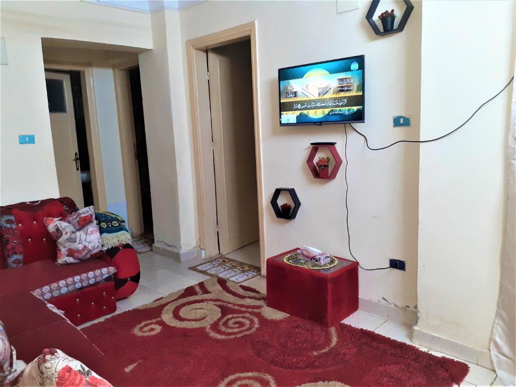 a living room with a couch and a tv on a wall at Furnished apartment in Minya in Minya