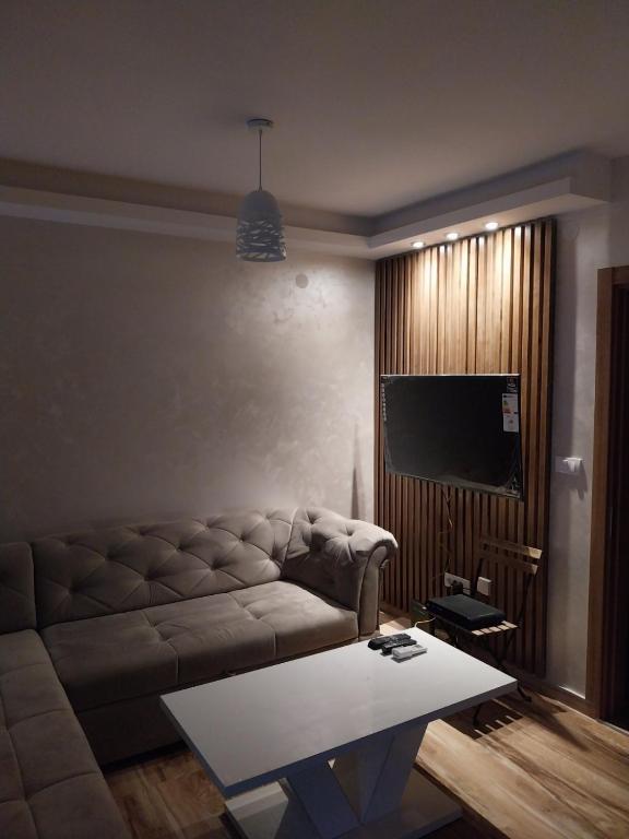 a living room with a couch and a flat screen tv at Obilex in Podgorica
