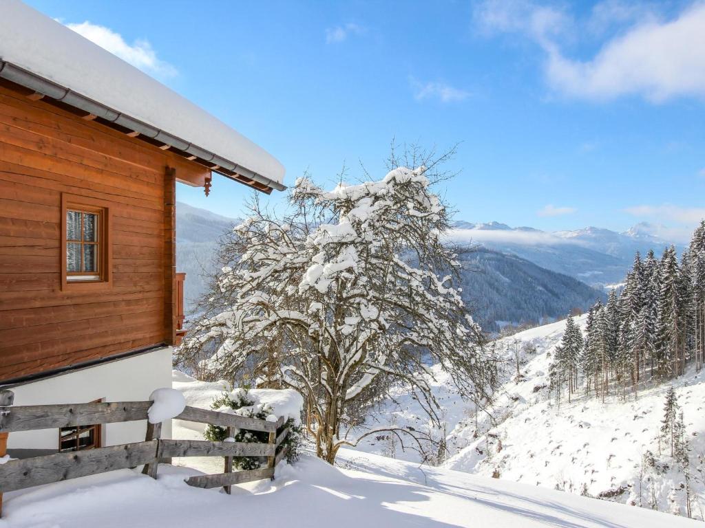 a log cabin with a tree covered in snow at Schüttbach in Wagrain