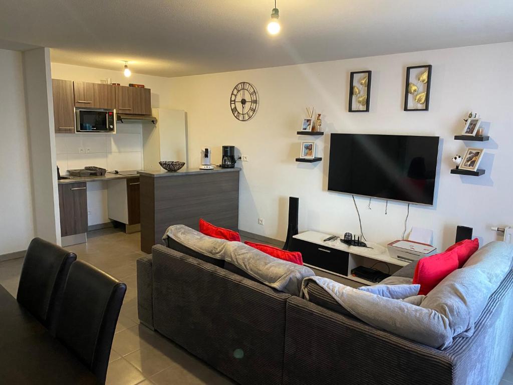 ein Wohnzimmer mit 2 Sofas und einem Flachbild-TV in der Unterkunft Chambre chez lhabitant in Toulouse