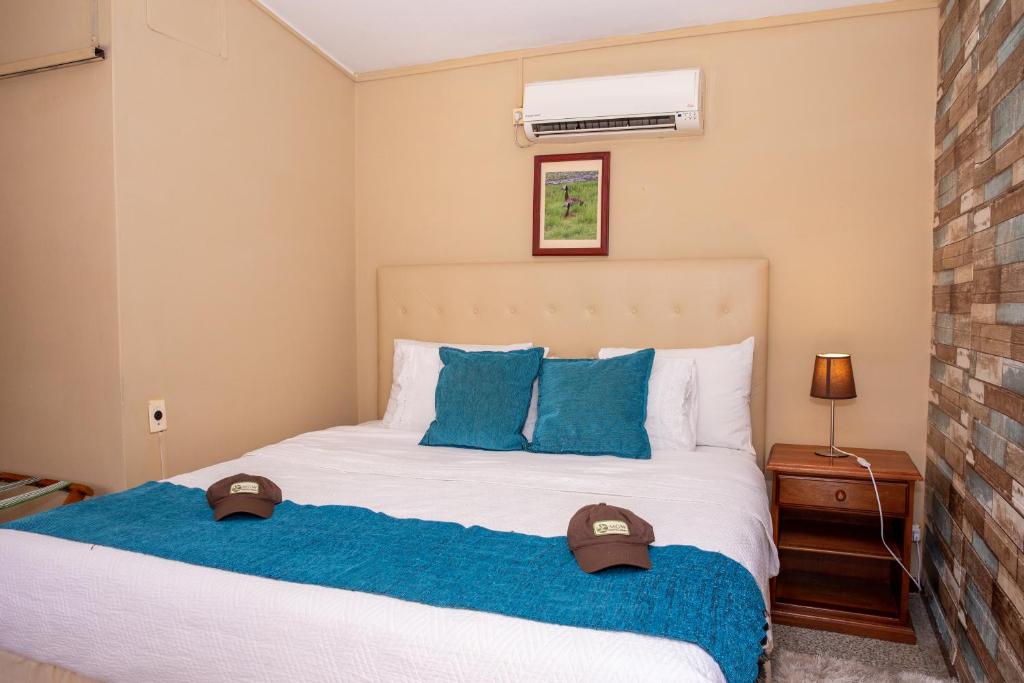 1 dormitorio con 1 cama grande con almohadas azules en Posada de Campo San Cono, en Mercedes