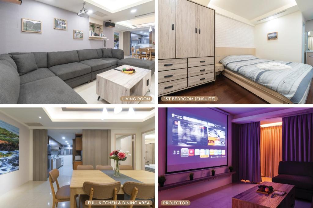 uma colagem de fotos de uma sala de estar e um quarto em 3B2b Warm Cinema Home 4 Min to Xinyi Anhe MRT 三房二衛 投影機 4分到信義安和站 em Taipei