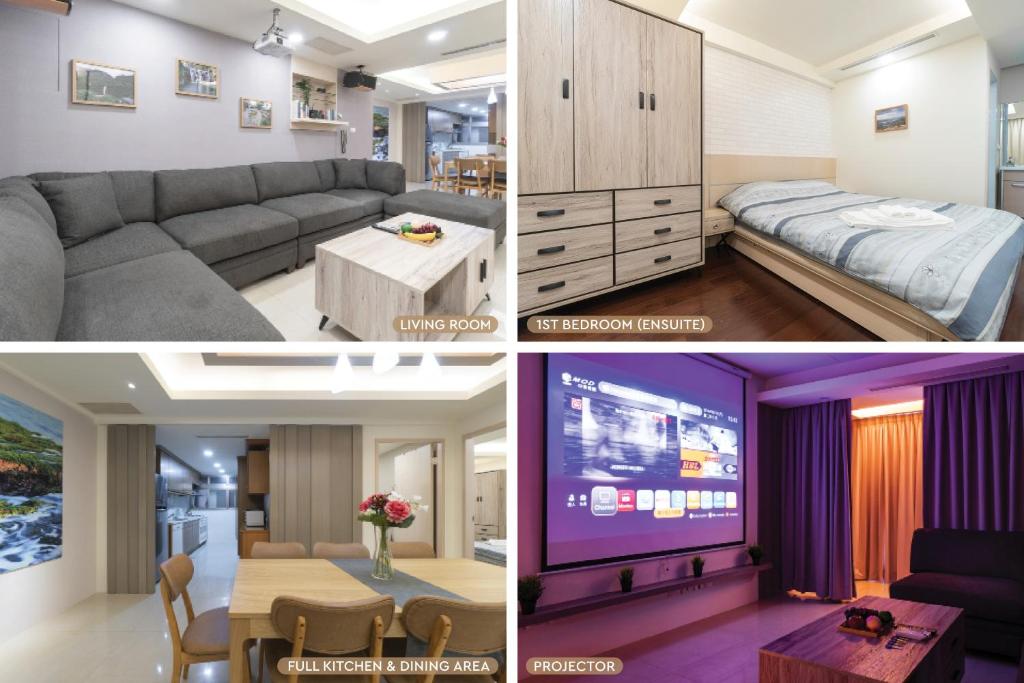 eine Collage mit Fotos von einem Wohnzimmer und einem Schlafzimmer in der Unterkunft 3B2b Warm Cinema Home 4 Min to Xinyi Anhe MRT 三房二衛 投影機 4分到信義安和站 in Taipeh