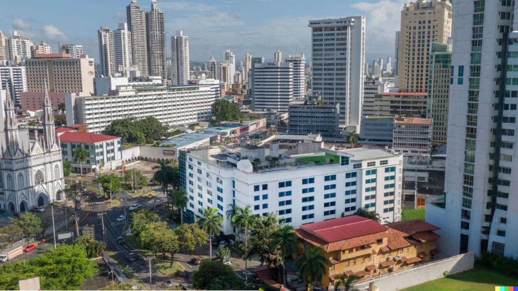 an aerial view of a city with tall buildings at Studio Coliving Hotel in Panama City