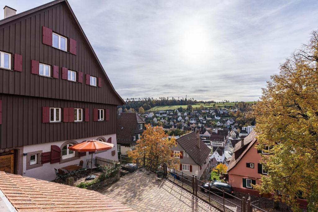 Blick auf die Stadt von einem Gebäude in der Unterkunft Ferienwohnungen Metzgerpost in Altensteig