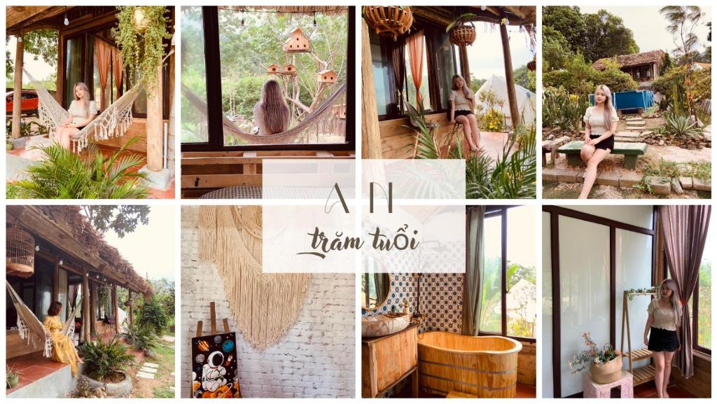 a collage of photos with a woman in a house at Nhà Gỗ An Trăm Tuổi - Chill Garden Lakeview in Hanoi