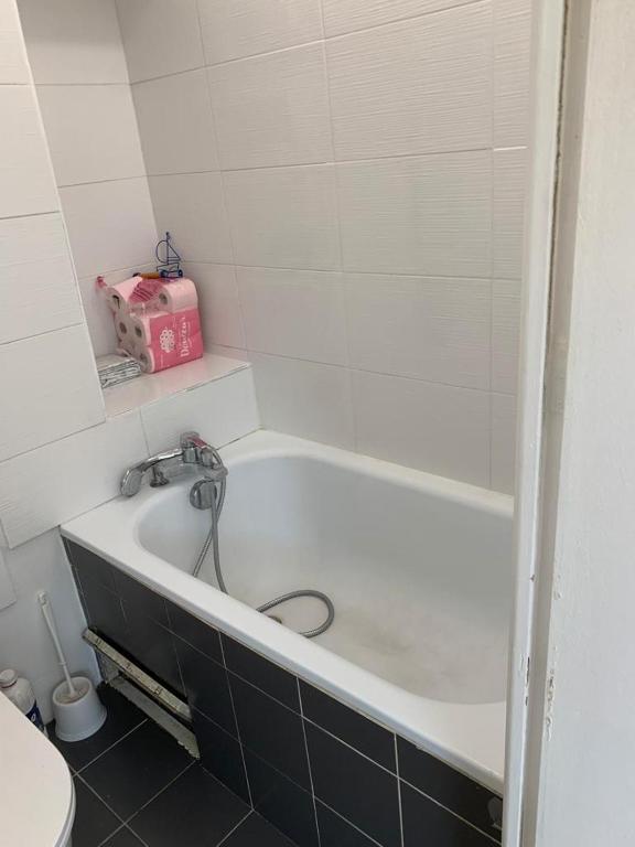 baño con bañera blanca y caja rosa en Nid d amour sous les toits, en Nogent-sur-Marne