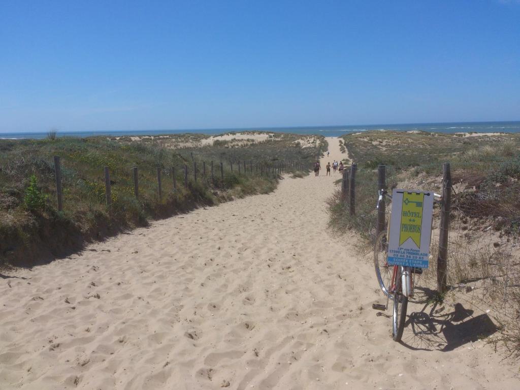 a bike parked on a sandy path to the beach at Hotel Phoebus in La Tremblade