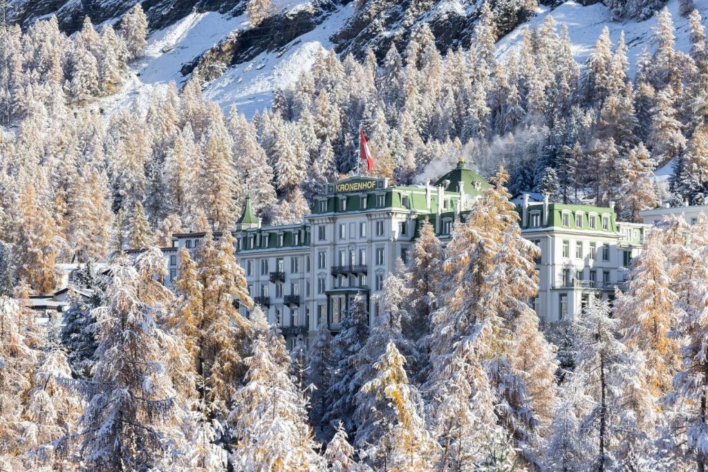 un bâtiment sur une montagne avec des arbres enneigés dans l'établissement Grand Hotel Kronenhof, à Pontresina