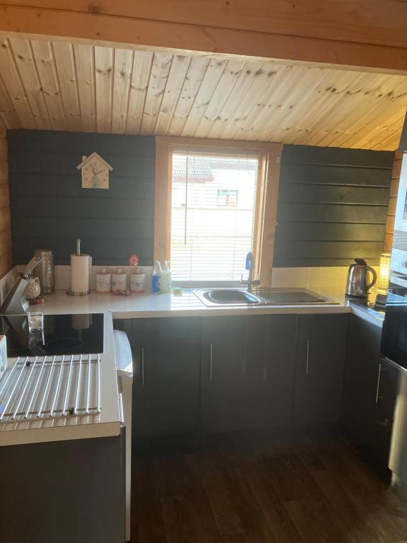 a kitchen with a sink and a counter top at Log Cabin in the City with hot tub in Culloden