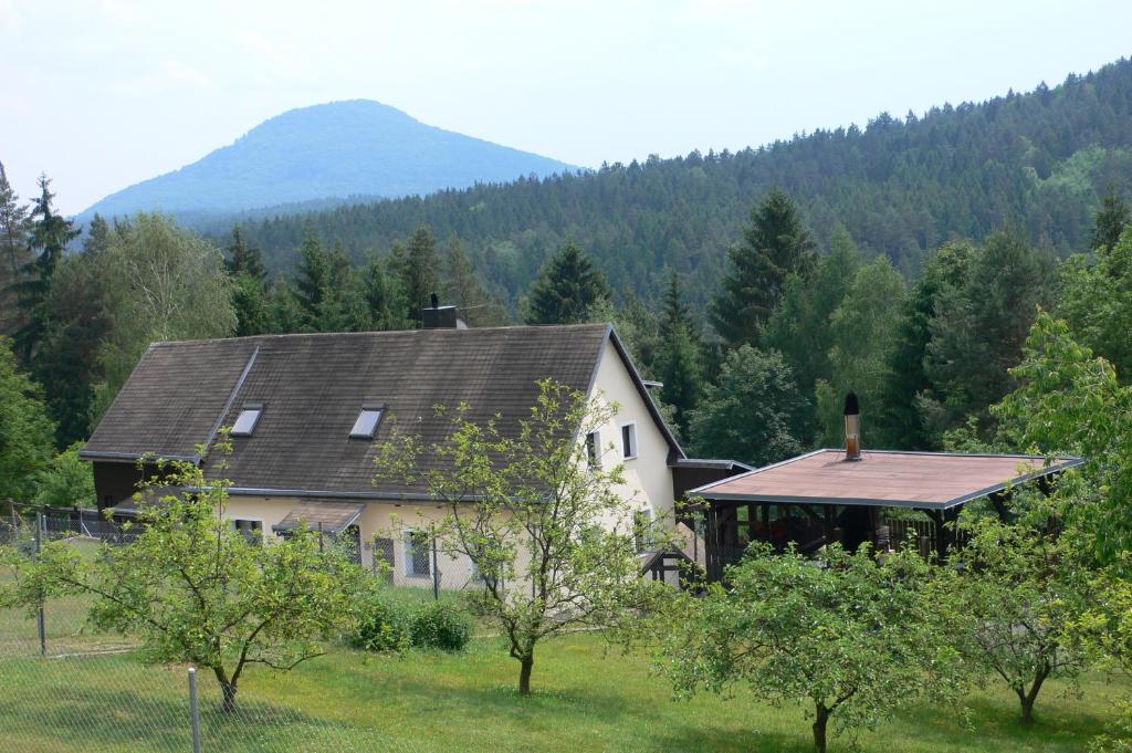 una casa en un campo con una montaña en el fondo en TRIXI´S GUESTHOUSE, en Hřensko