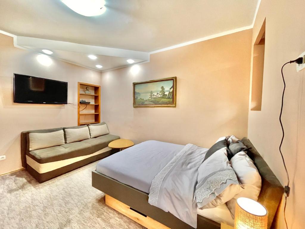 ein Schlafzimmer mit einem Bett und einer Couch in der Unterkunft Apartment Centar in Podgorica