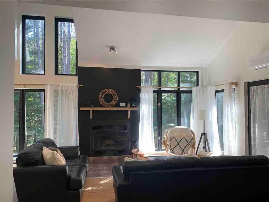 ein Wohnzimmer mit einem Sofa und einem Kamin in der Unterkunft Cozy Chalet in the Forest in Mont-Tremblant
