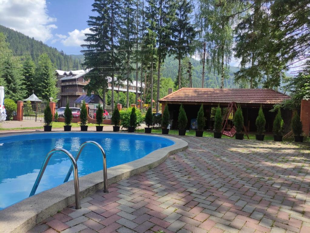 a swimming pool in a yard with a gazebo at Лелеч in Tatariv