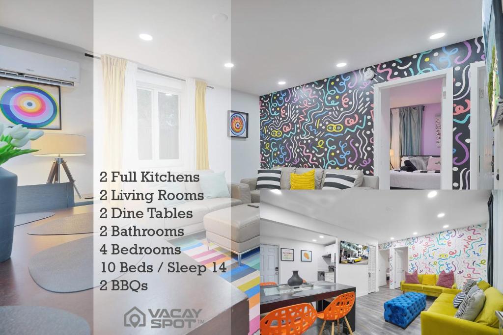 a collage of pictures of a living room at Vacay Spot Wynwood Deco 2 Kitchens Shower Massage jets, BBQ, Patio LED vibes, Prime LOC! 6 blocks away from Bars, Nite Clubs, Res, Shops in Miami