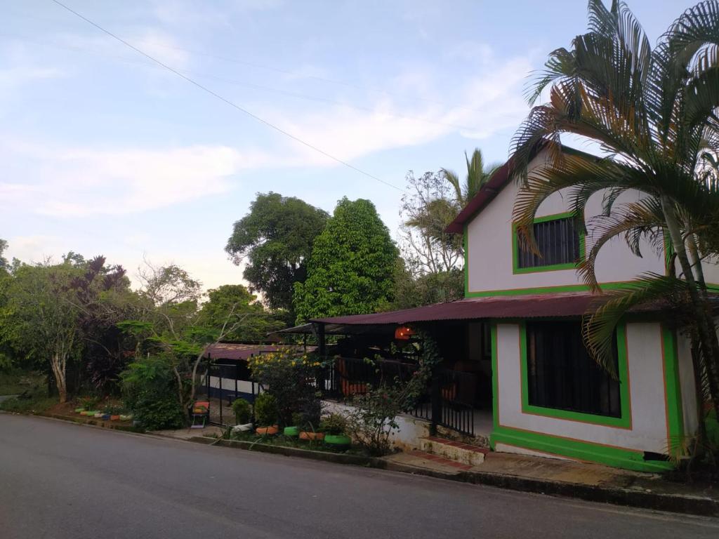 a house with a palm tree next to a street at Casa de Campo El Regalo in Norcasia