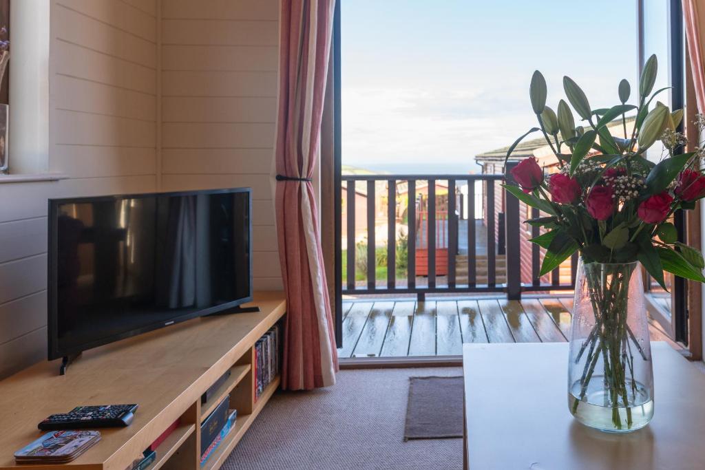 een woonkamer met een televisie en een vaas met bloemen bij 28 Ocean Terrace Lodge - Mullacott Park in Ilfracombe