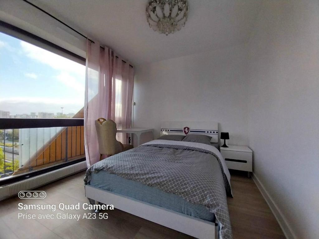 a bedroom with a bed and a large window at La chambre de l'appartement in Créteil