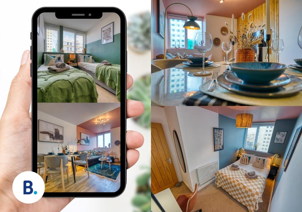 a collage of three pictures of a room at 2 Bed Chic City Apartment, Spacious, Sleeps 6, with onsite Parking- Near Gunwharf Quays & Beach - By Blue Puffin Stays in Portsmouth