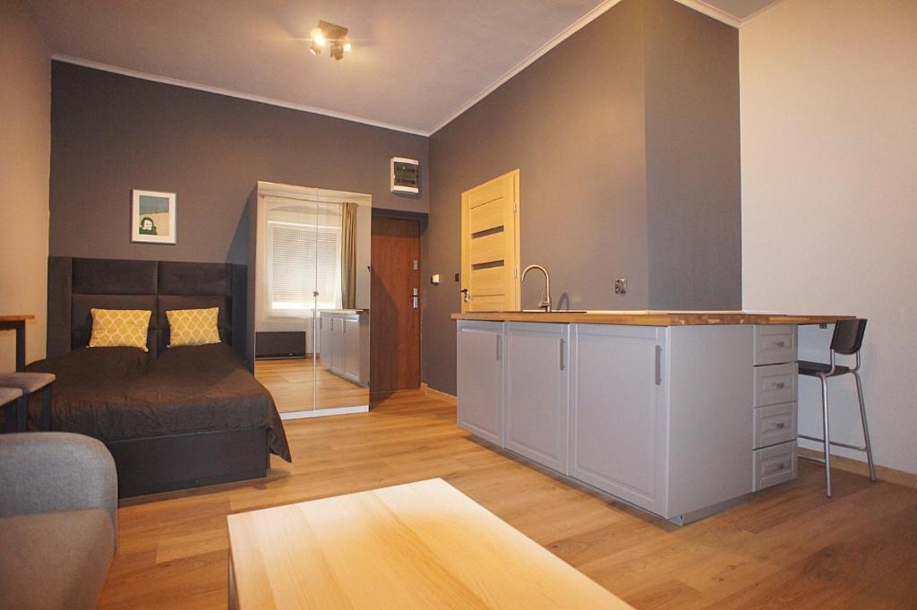 a bedroom with a bed and a kitchen with a sink at Apartament przy Kazimierza in Zielona Góra
