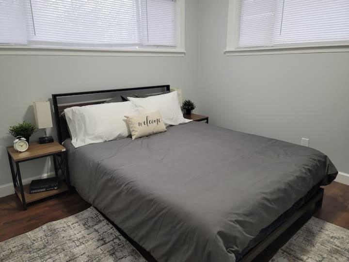 a bedroom with a large bed with two pillows at Nice and cozy apartment in Ypsilanti