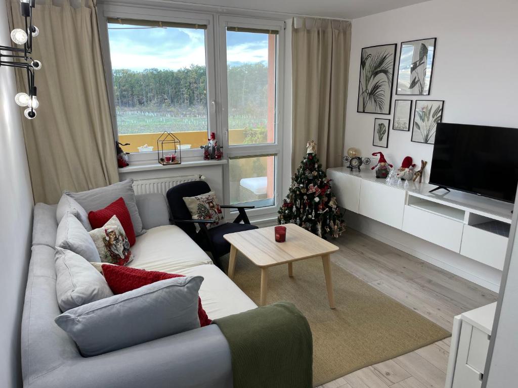 ein Wohnzimmer mit einem Weihnachtsbaum und einer Couch in der Unterkunft BYTEČEK U LESA in Hodonín