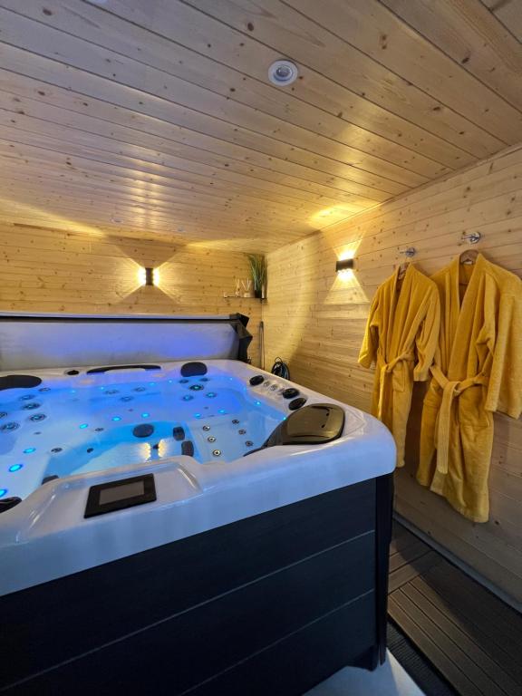 a jacuzzi tub in a room with wooden walls at Les suites de Stanislas jacuzzi & spa in Nancy