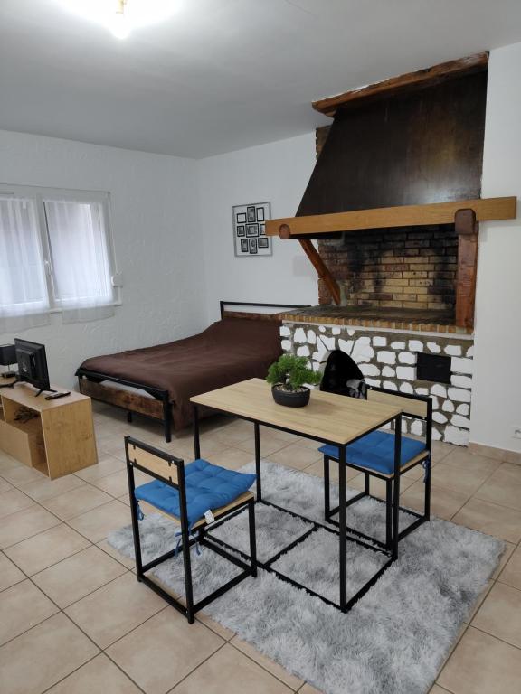 a living room with a table and chairs and a fireplace at Cosy Studio in Pont-de-lʼArche