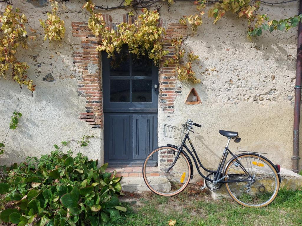 ein Fahrrad, das vor einem Gebäude mit blauer Tür geparkt ist in der Unterkunft Maison Figuier - Cottage anglais in Argent-sur-Sauldre