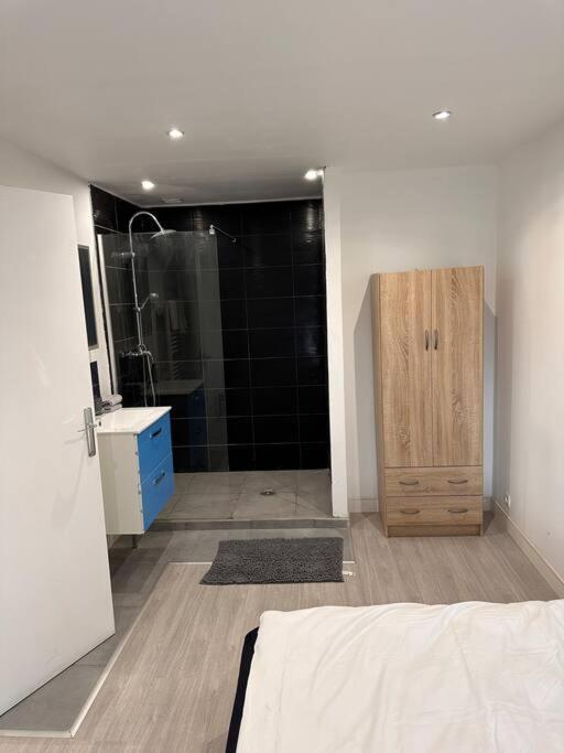 a bathroom with a shower and a wooden cabinet at Appart T2 Confort près de Disney in Monthyon