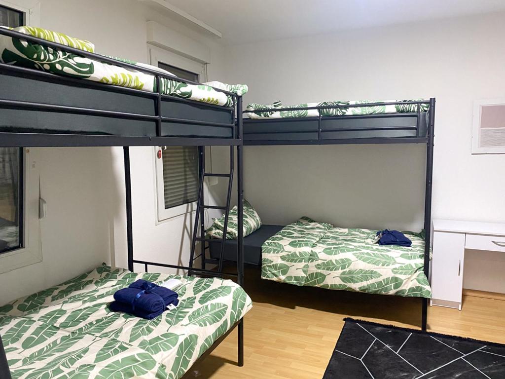 two bunk beds in a room with two bags at Shared Serenity accommodation in Wuppertal