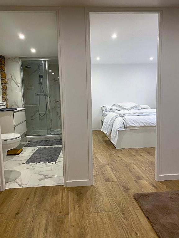 a bedroom with a bed and a shower and a bathroom at Appartement neuf paisible proche aéroport in Morangis
