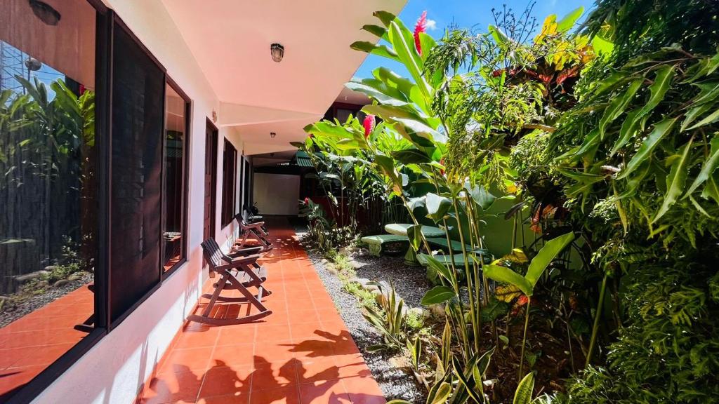 a balcony of a house with plants at Hostal Nuevo Arenal downtown, private rooms with bathroom in Nuevo Arenal