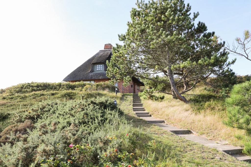 a house on top of a hill with stairs at Strandhaus Höltig in Hörnum