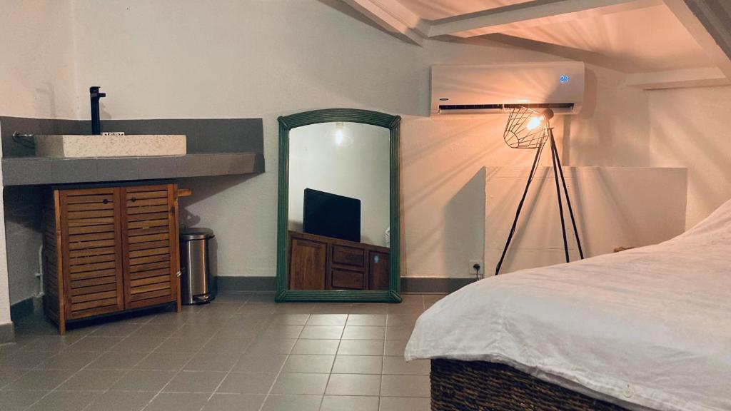 a bedroom with a bed and a mirror and a television at Duplex à 50m de la plage du Diamant avec parking in Le Diamant