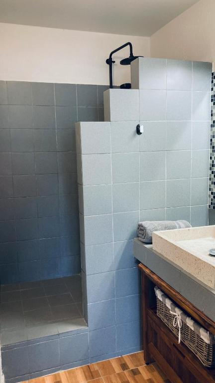 a bathroom with a shower with blue tiles at Duplex à 50m de la plage du Diamant avec parking in Le Diamant