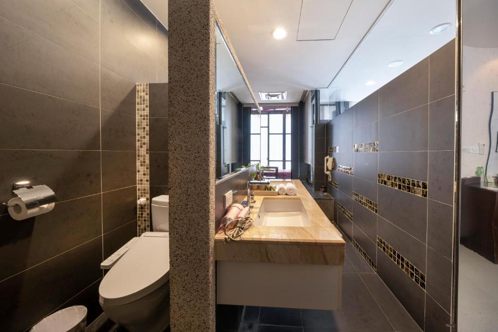 a bathroom with a sink and a toilet and a mirror at Tai-Yi Red Maple Resort in Puli