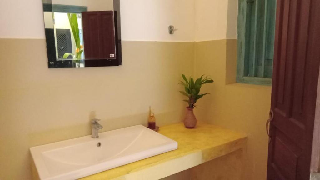 een badkamer met een witte wastafel en een spiegel bij Hiriketiya Cove Inn in Matara