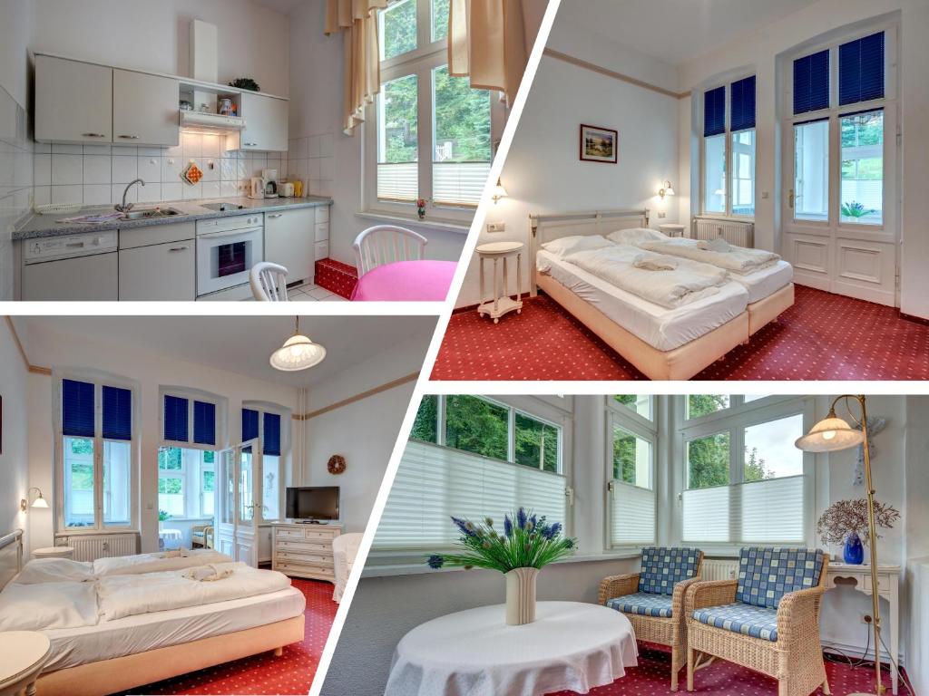 a collage of four pictures of a bedroom at Heringsdorf, Villa Lindemann W3 in Heringsdorf