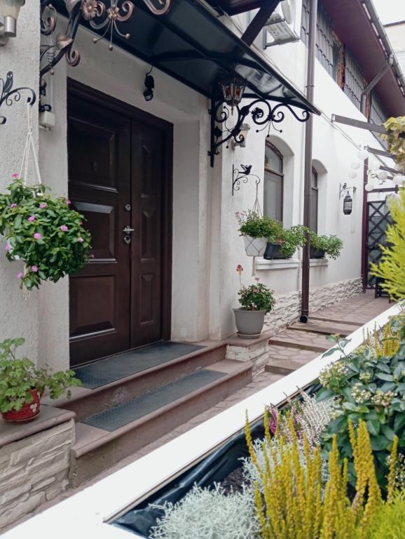 une porte d'entrée d'une maison avec des plantes en pot dans l'établissement White house parc Carol, à Bucarest